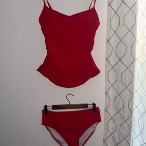 Red Two-Piece Swim Set - Cami Top & High Waist Bottoms